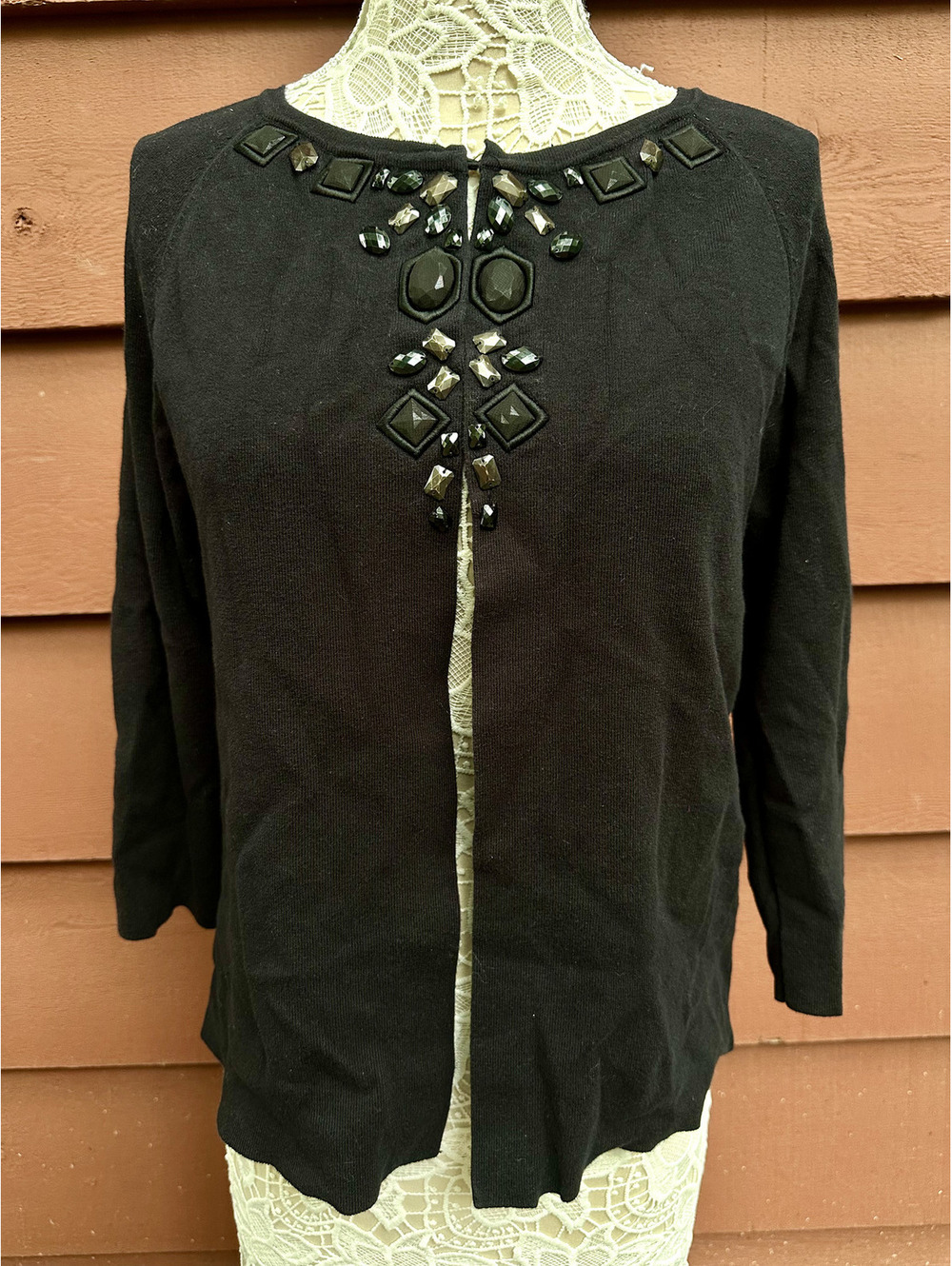 Dana Buchman Open Front Embellished Cardigan‎ Black Y2K Coquette Cottage